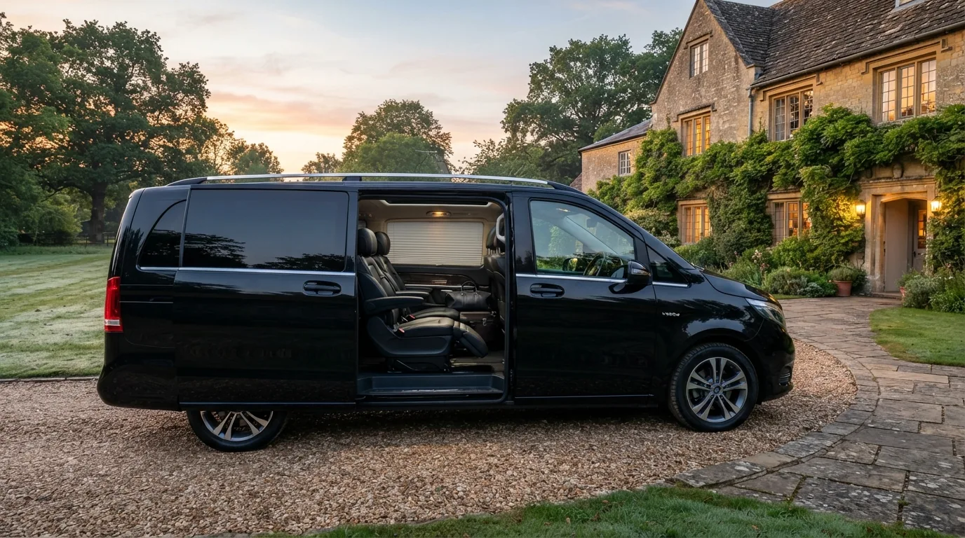 Black luxury van parked outside