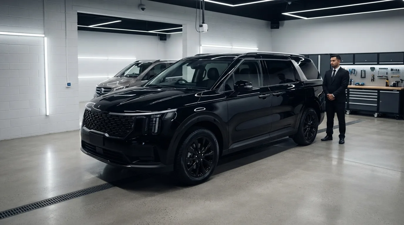 Black SUV parked in garage